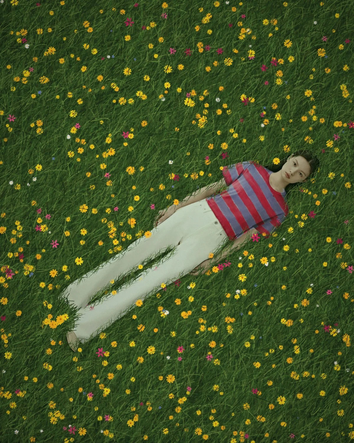 Model in the Rose &amp; Lilac Stripe T-shirt lying in a wildflower meadow